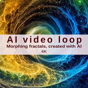 Könnte beinhalten: Abstrakte digitale Kunst mit wirbelnden Mustern in Gelb-, Blau- und Grüntönen. Das Bild zeigt den Text "AI video loop" und "Morphing fractals, created with AI, 4K" auf einem weißen Banner.