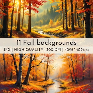 May include: An illustration of a fall landscape with a river flowing through a forest. The trees display vibrant red and orange leaves. The image includes the text "11 Fall backgrounds".