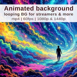 May include: An animated background with vibrant colors, featuring swirling patterns of blue, yellow, pink, and green. The image includes two silhouetted figures walking towards a bright light. Text at the top reads "Animated background looping BG for streamers & more".
