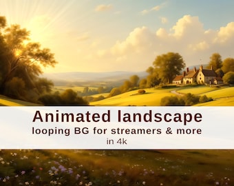 May include: An animated landscape depicting a sunset over a rural scene with a farmhouse and trees. The image includes the text "Animated landscape looping BG for streamers & more in 4k."