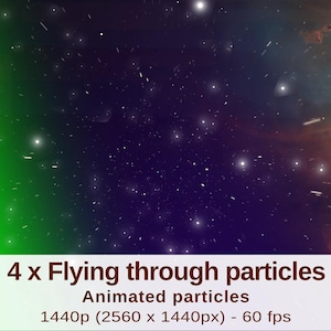 May include: A digital animation of a space scene with flying particles, transitioning from green to a dark purple and orange nebula. Text at the bottom reads "4 x Flying through particles, Animated particles, 1440p (2560 x 1440px) - 60 fps."