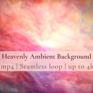 Peut inclure: Fond d'écran abstrait avec un aspect onirique, semblable à des nuages. La palette de couleurs comprend des nuances de rose, de rouge et de jaune, créant un effet doux et éthéré. Le texte superposé indique "Heavenly Ambient Background" et "mp4 | Seamless loop | up to 4k".