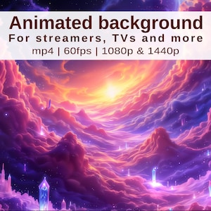 Puede incluir: Imagen de fondo animada con un paisaje de fantasía. La imagen presenta un cielo vibrante con nubes arremolinadas en tonos de morado, rosa y naranja. El texto en la parte superior dice "Animated background" y "For streamers, TVs and more".
