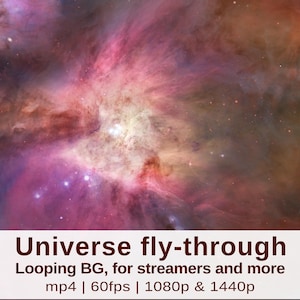 Op de afbeelding: Een levendige afbeelding van een nevel met wervelende kleuren van roze, paars en goud. De tekst "Universe fly-through" wordt onderaan weergegeven, samen met details over het videoformaat: mp4, 60fps en 1080p & 1440p.
