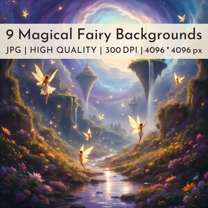 Puede incluir: Ilustración digital de un paisaje de fantasía con hadas, cascadas y un río. La imagen incluye el texto "9 Magical Fairy Backgrounds" y detalles sobre la calidad y el tamaño de la imagen.