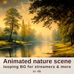 May include: An animated nature scene in 4k resolution. The image depicts a serene landscape with a river flowing through a forest. The sky is a warm blend of yellow and orange, suggesting either sunrise or sunset.