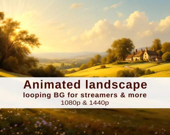 May include: A digital painting of a landscape with a farmhouse, rolling hills, and a sunset. The image features the text "Animated landscape looping BG for streamers & more 1080p & 1440p". The scene is bathed in warm light.