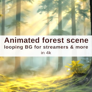 Può includere: Scena di foresta animata con la luce del sole che filtra attraverso gli alberi. L'immagine presenta uno sfondo in loop per streamer e altro, in risoluzione 4K. Il suolo della foresta è coperto di muschio.