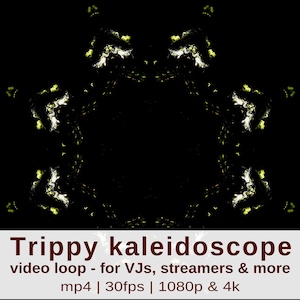 Puede incluir: Un fondo negro con un patrón abstracto repetitivo en blanco y amarillo. Se muestra el texto "Trippy kaleidoscope", junto con detalles sobre el bucle de vídeo, incluyendo "video loop - for VJs, streamers & more" y especificaciones de vídeo.