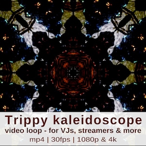 May include: A kaleidoscopic video loop with a symmetrical design in dark colors. The image features a central, circular pattern surrounded by repeating, abstract shapes in black, white, yellow, and blue. Text at the bottom reads "Trippy kaleidoscope" and details about the video loop.