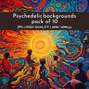 Może przedstawiać: Psychedeliczne tło z jasnym, żółtym słońcem i wirującymi wzorami w odcieniach niebieskiego, pomarańczowego, czerwonego i zielonego. Na obrazie widoczna jest grupa ludzi stojących przed słońcem.