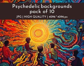 10 Psychedelic backgrounds 4k, Abstract Psychedelic art clipart, Colorful AI generated wallpaper PC hd, Surreal Fantasy sun Image, Joyful BG