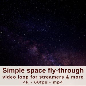 Może przedstawiać: Ciemny obraz gwiaździstego nieba z drogą mleczną. Tekst na dole brzmi: "Simple space fly-through video loop for streamers & more 4k - 60fps - mp4."