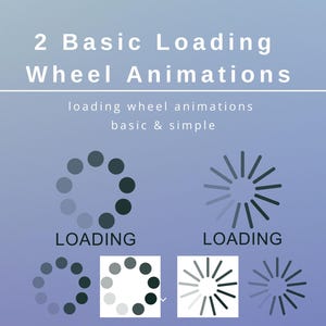 May include: Two basic loading wheel animations. The first animation is a circle with 12 dots, with one dot filling in at a time. The second animation is a circle with 12 spokes, with one spoke filling in at a time. Both animations have the word "LOADING" underneath.