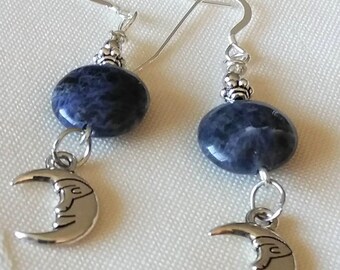 Blue Sodalite Gemstone Earrings, Man in the Moon Earrings, Crescent Moon Goddess Jewelry, Blue and Silver Earrings, Boho Dangle Jewelry Gift