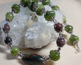 India Agate Gemstone Necklace, Green India Agate Jewelry, Gift for Mom,  Green and Silver Necklace, Ladies Green Gemstone Jewelry