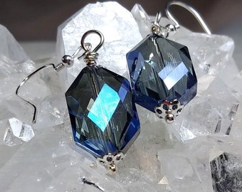 Sparkling Faceted Montana Blue Crystal Earrings With Sterling Silver Earwires, great for everyday wear or a night on the town. Gift For Her