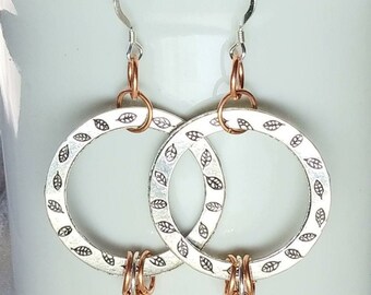 Silver Hoop Dangle Earrings, Silver and Copper Earrings, Women's Reversible Hoop Earrings Jewelry, Decorated Reversible Silver Earrings