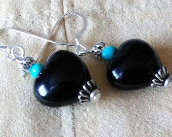 Obsidian Heart Gemstone Earrings, Black Heart Gemstone Jewellery, Black Obsidian Jewelry Gift, Heart Gems, Black and Silver Women's Earrings