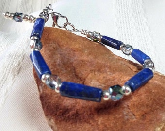 Lapis Silver Crystal Bracelet, Blue Lapis Gemstone Bracelet, Adjustable Women's Gemstone Bracelet, Lapis Lazuli Gemstone Women's Gift