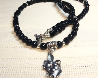 Black Onyx and Silver Necklace with a Silver Floral Pendant on an Embossed Silver Slider. Great Gift for Women.