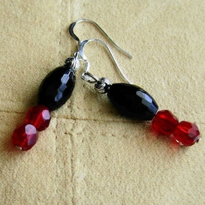 Sparkling Faceted Black Czech Glass and Vintage Siam Red Crystal Earrings with Sterling Silver, Black and Red Earrings, Vintage Crystal Ear