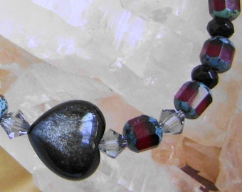 Ruby Red Crystal and Obsidian Heart Love Bracelet, Valentine Gift Jewelry, Gemstone Bracelet Gift, Ruby Crystal Bracelet, Obsidian Jewelry