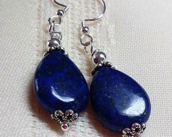 Teardrop Blue Lapis Earrings, Lapis Lazuli Gemstone Earrings, Blue Teardrop Jewelry Gift, Blue Stone Women's Earrings, Lapis and Silver Gift