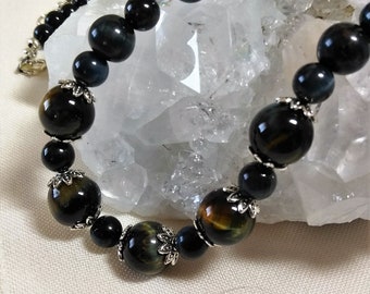 Blue Tiger Eye Necklace, Blue Tiger Eye Gemstone, Women&#39;s Gemstone Necklace, Blue Gemstone, Tiger Eye Jewelry, Gemstone Statement Necklace
