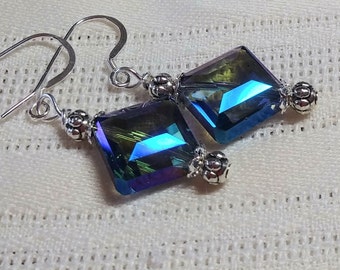 Blue Crystal and Silver Earrings, Faceted Crystal Women's Earrings, Crystal and Silver Jewelry, Mother's Day Gift, Rainbow Crystal Earrings