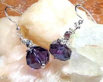 Elegant Purple Crystal Earrings, Sparkling Faceted Crystal Earrings, Purple Crystal Women's Jewelry, Purple and Silver Earrings, Gift Mom