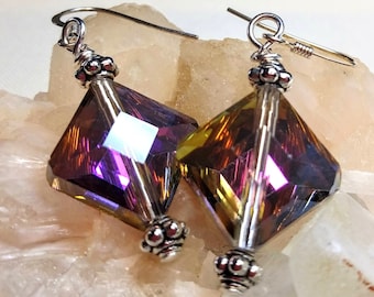 Sparkling Multi Faceted Crystal EarringsThat Display Purple and Pink Hues On Sterling Silver Ear Wires. Everyday Or Evening Wear, Great Gift