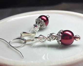 Burgandy and Silver Earrings, Petite Burgandy Dangle Earrings, Women's Burgandy Silver Drop Earrings, Burgandy Silver gift For Her