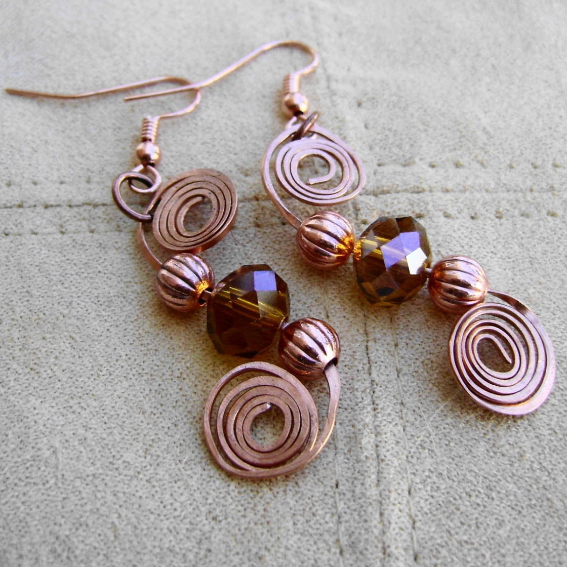 Copper and Czech Glass Earrings, Wire Wrapped Spiral Earrings, Artisan Copper Earrings, Forged Copper Earrings, Forged Metal Spiral Earrings