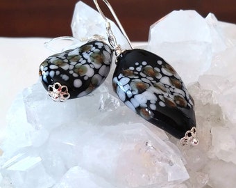 Black Lampwork Glass Earrings, Black Glass and Silver Earrings, Black and White Earrings, Jewelry Gift for Women, Colourful Earrings Gift