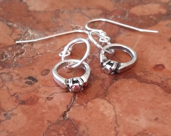 Sterling Silver Engagement Earrings, Engagement Ring Charm Earrings, Solitaire Ring Style Charm Jewelry, Whimisical Gift Silver Earrings