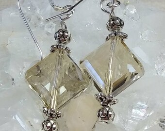 Champagne Crystal Drop Earrings, Faceted Champagne Women's Earrings, Crystal and Silver Earrings, Faceted Crystal Jewelry, Mother's Day Gift