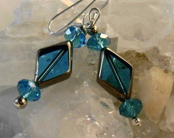 Blue and Silver Earrings, Aqua Blue Glass Earrings, Sparkling Glass and Silver Jewelry, Diamond Shape Women's Earrings, Harlequin Jewellery