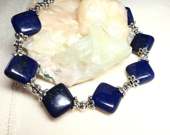 Lapis and Silver Bracelet, Diamond Shape Lapis Bracelet, Blue Lapis Lazuli Jewelry, Women&#39;s Blue and Silver Bracelet, Jewelry Gift For Her
