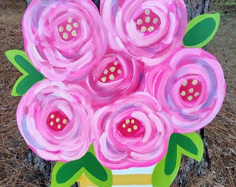 Large-32 inches- Bright striped vase floral arrangement painted door hanger- Porch Decor-Spring and Summer