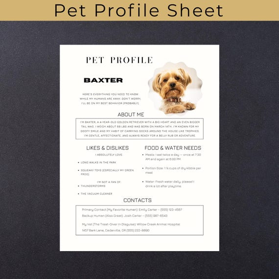 Pet Sitter Template| Pet Care Planner| Pet Sitter Information Form| Traveling With Pets Guide