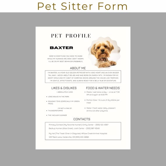 Pet Sitter Form| Pet Sitter Template| Canva Template |Dog Information Template| Pet Sitter Instructions| Traveling With Pets Guide