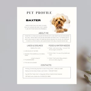 May include: A pet profile for Baxter, a 4-year-old Golden Retriever. The document includes details about Baxter's likes, dislikes, food and water needs, and contact information. The profile features a photo of Baxter.