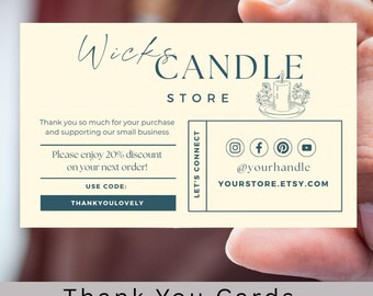 May include: Cream-colored thank you card with teal text and a candle illustration. The card reads "Wicks Candle Store" and includes social media icons and a discount code. The words "Thank You Cards" are at the bottom.