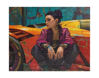 May include: A jigsaw puzzle featuring an artistic rendering of a person in a purple jacket and black pants, seated near a yellow and orange vehicle. The artwork has a graffiti-like aesthetic with teal and orange backgrounds.