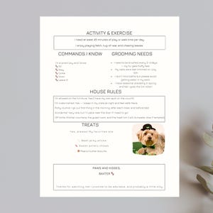 May include: A printed document with text about a dog named Baxter. The document includes sections on activity, commands, grooming, house rules, and treats. A photo of Baxter wearing a hat and bow tie is included.