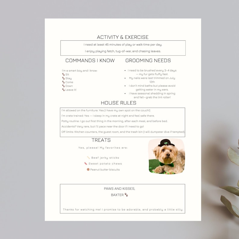 May include: A printed document with text about a dog named Baxter. The document includes sections on activity, commands, grooming, house rules, and treats. A photo of Baxter wearing a hat and bow tie is included.