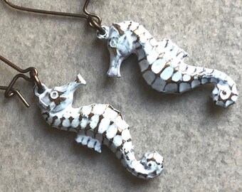 Sea Horse Earrings Brass Hand Painted White