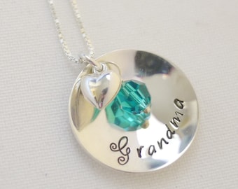 Grandmother Charm with HEART charm Necklace and Swarovski Birthstone Crystals