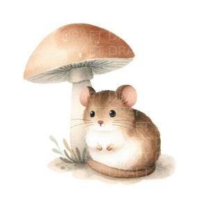 Illustration aquarelle de souris sous un champignon vénéneux, clipart numérique de haute qualité, PNG transparent, 300 ppp, image Jpg et usage commercial